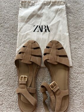 ZARA Brown Suede Woven Buckle Sandals